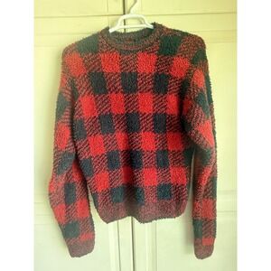 Womens Red Black Buffalo Plaid Eyelash Knit Fuzzy Sweater Crew Neck Long Sleeve